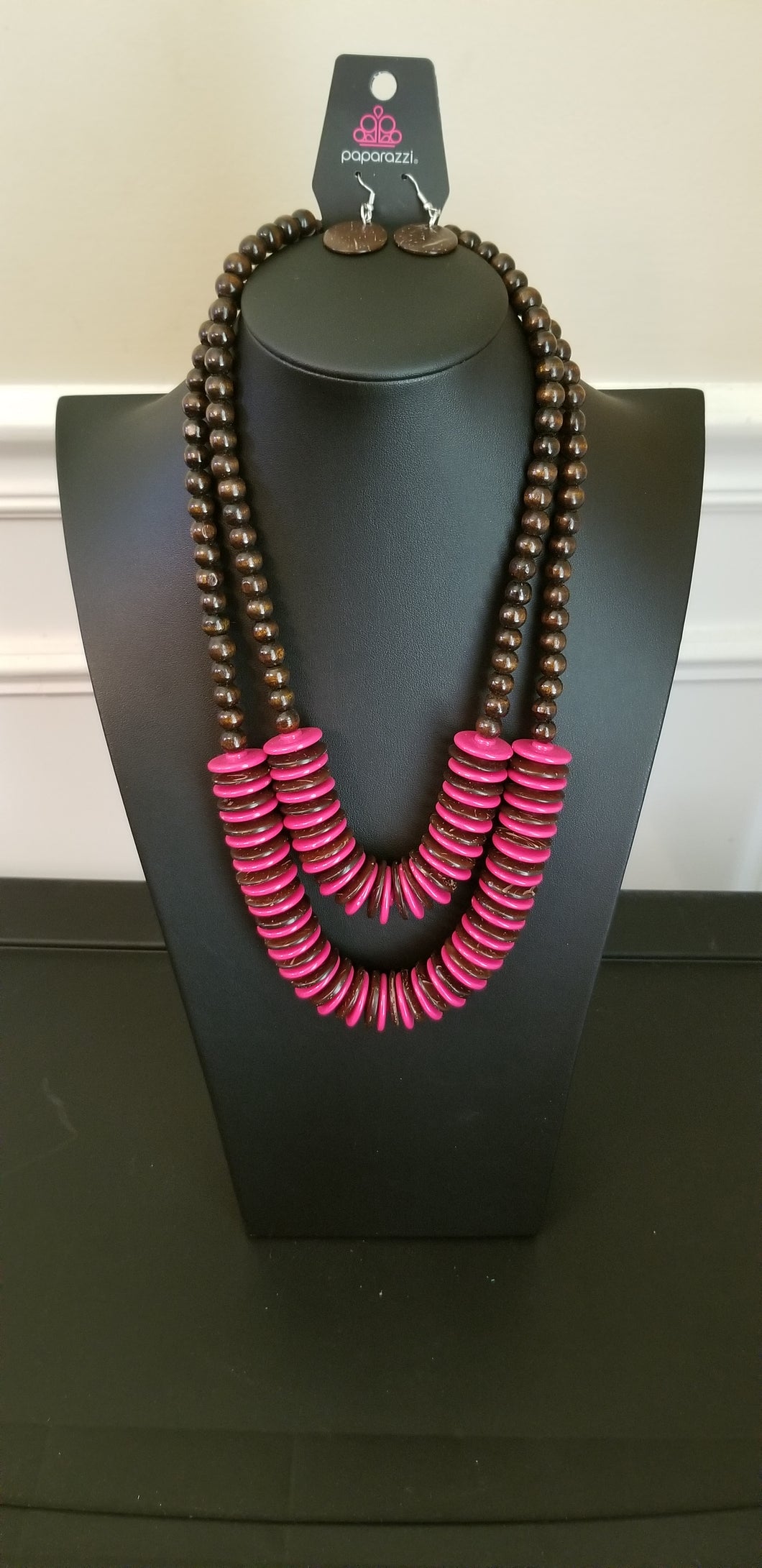 Pink and Brown Wooden Necklace