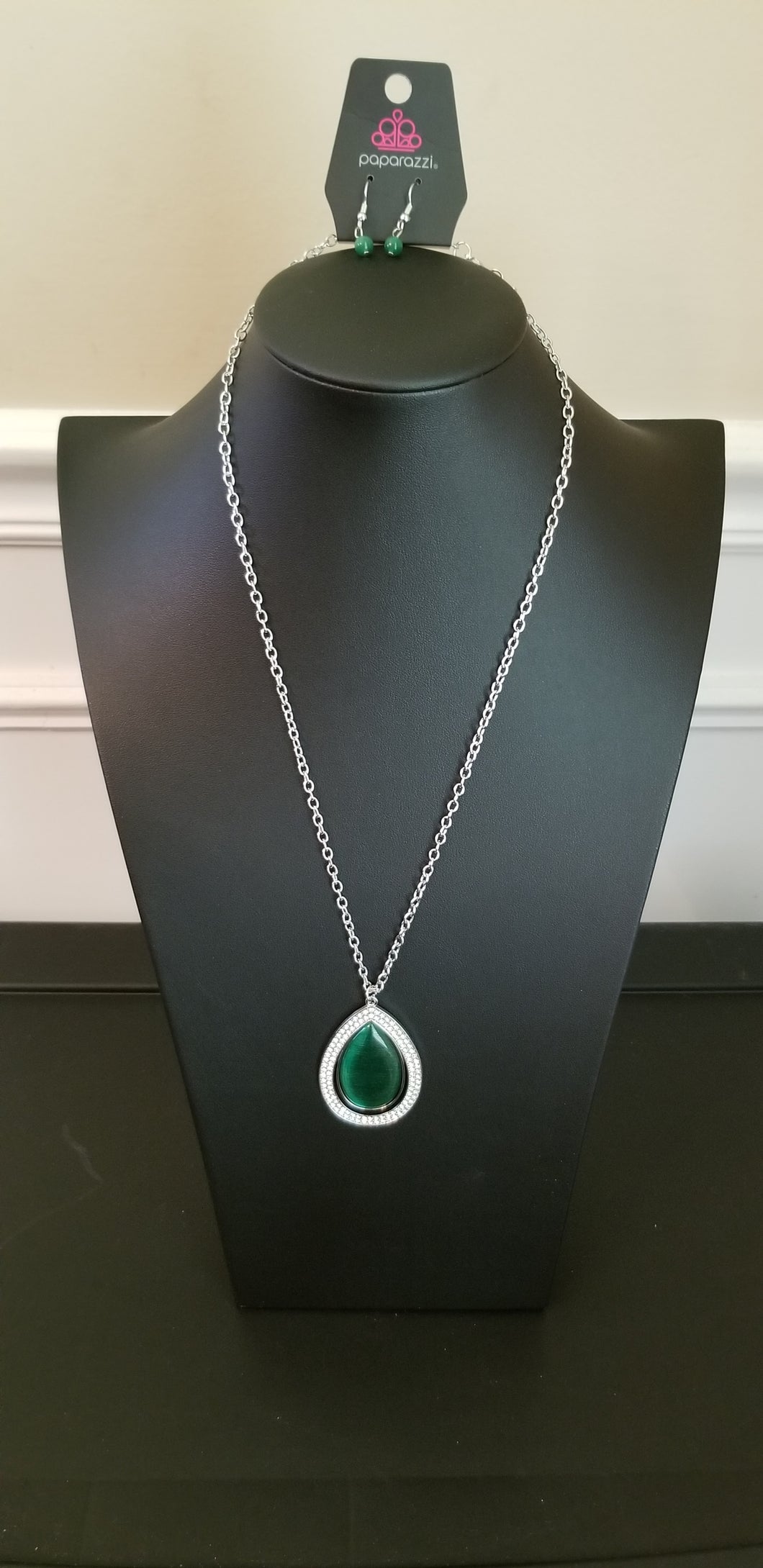 Silver, Green, and Rhinestone Necklace